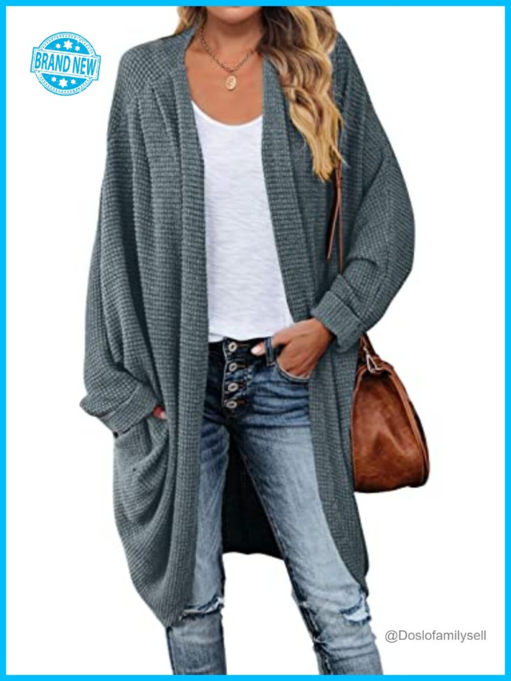 Oversized Waffle Knit Cardigan Sweater Dolman Sleeve Slouchy Fall Layer